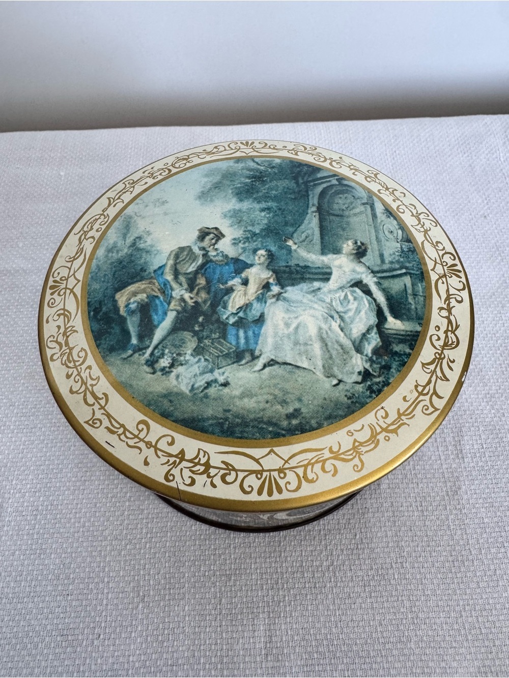 Vintage Rococo Style Metal Cookie Tin Round Can Chocolate Box or w Lid